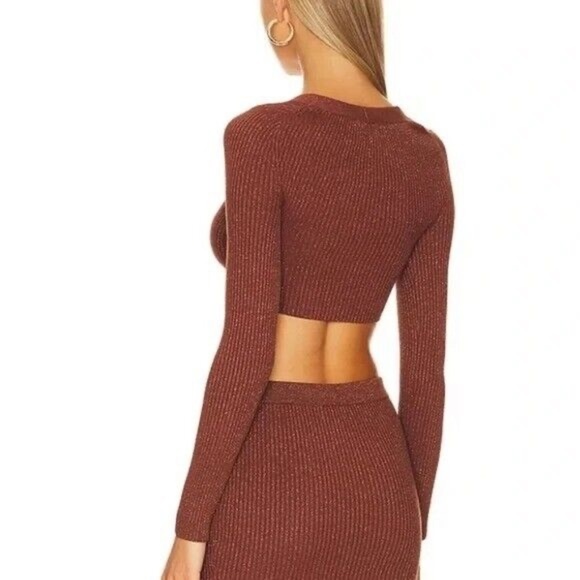 NWT Revolve Camila Coelho Alena Metallic Long Sleeve Micro Cardigan Brown Medium - Picture 3 of 4